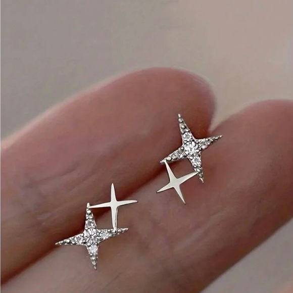 Silver Plated Stainless Steel Rhinestone Star Earrings - Picture 1 of 1